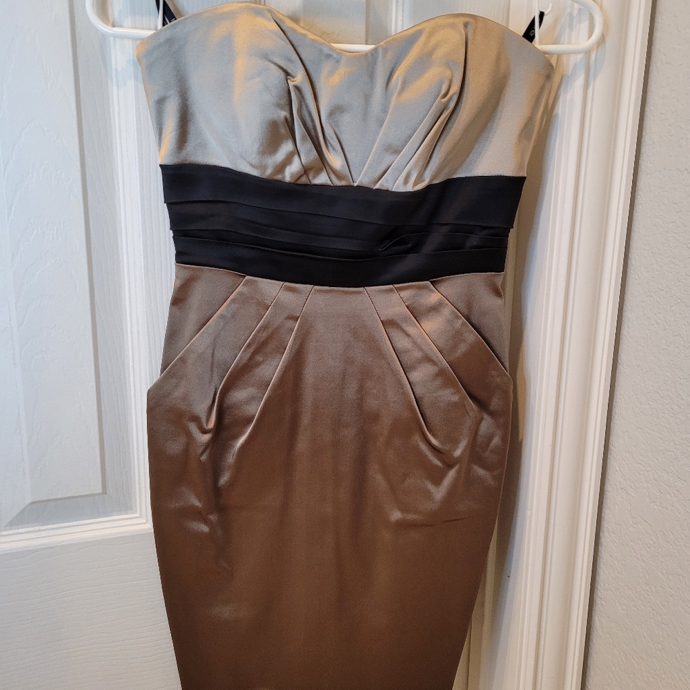 Bebe Strapless Gold Black Mini Dress